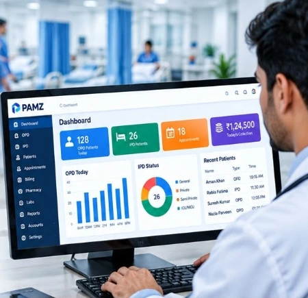 Doctor managing hospital operations with PAMZ CarePro Dashboard on Desktop monitor